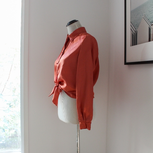 SOLD-Vintage 1950s Orange Satin Tie Front Western Crop Top / Shiny Dagger - Picture 6 of 9